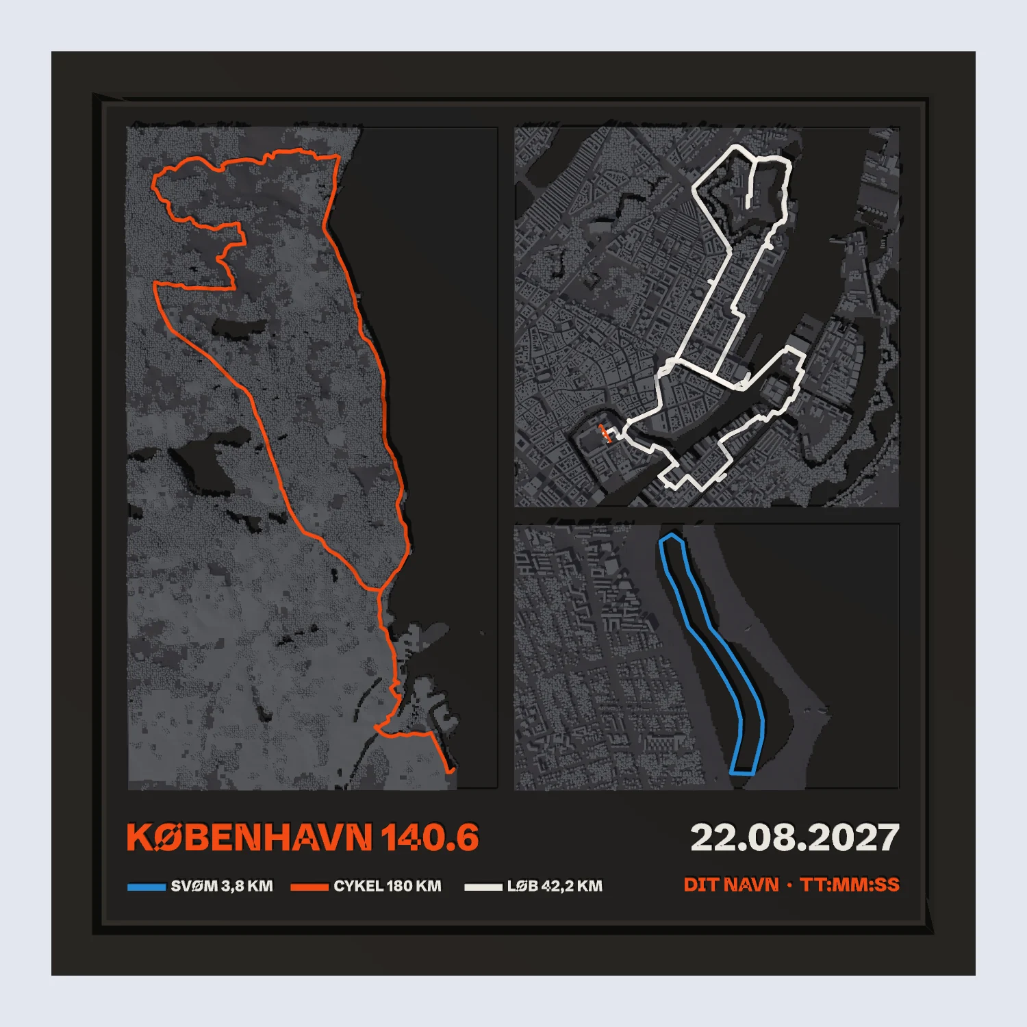 3D-print af København 140.6, Triatlonruten 22. august 2027 i sort ramme