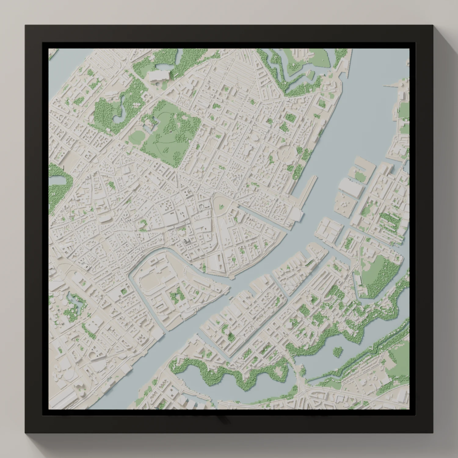 3D-print af Indre By, København · Nyhavn, Slotsholmen og Christianshavn i sort ramme